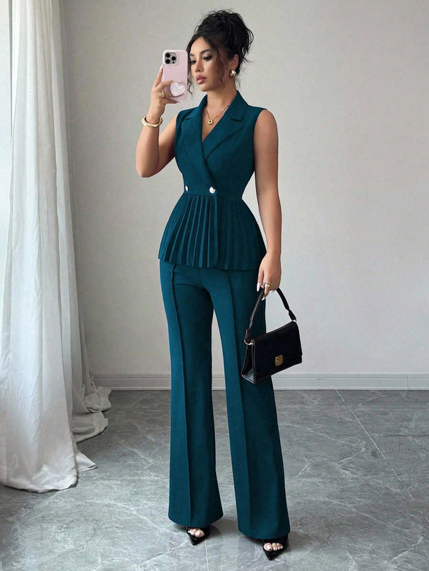 Elenzga 2pcs Women's Elegant Romantic Pleated A-Line Sleeveless Suit Set