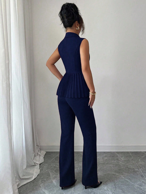Elenzga 2pcs Women's Elegant Romantic Pleated A-Line Sleeveless Suit Set