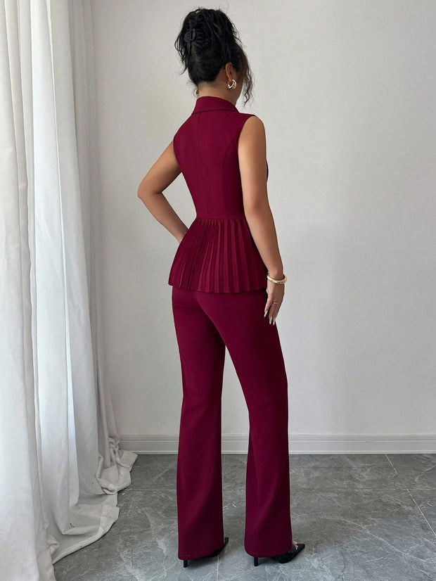 Elenzga 2pcs Women's Elegant Romantic Pleated A-Line Sleeveless Suit Set