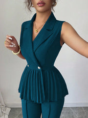 Elenzga 2pcs Women's Elegant Romantic Pleated A-Line Sleeveless Suit Set