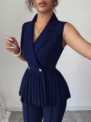 Elenzga 2pcs Women's Elegant Romantic Pleated A-Line Sleeveless Suit Set