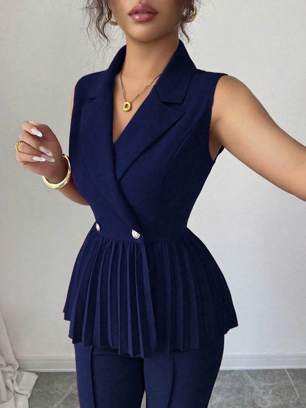 Elenzga 2pcs Women's Elegant Romantic Pleated A-Line Sleeveless Suit Set