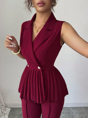 Elenzga 2pcs Women's Elegant Romantic Pleated A-Line Sleeveless Suit Set