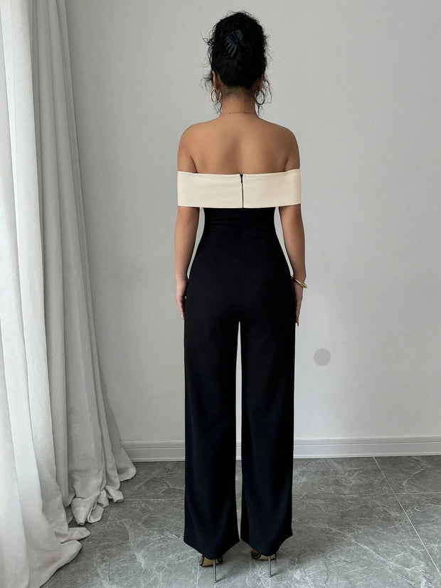 Elenzga Color Block Splicing Bowknot Off-Shoulder Elegant Romantic Women's Jumpsuit