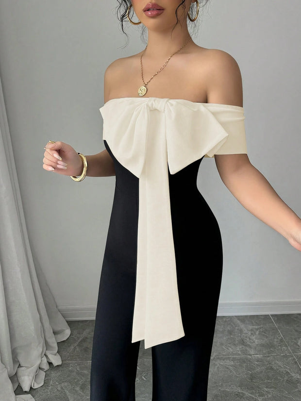 Elenzga Color Block Splicing Bowknot Off-Shoulder Elegant Romantic Women's Jumpsuit