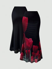 Elenzga Elegant Sexy Rose Print Wrap Faux-Wrap Skirt