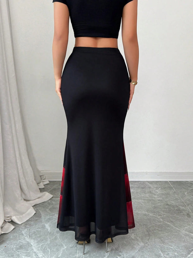 Elenzga Elegant Sexy Rose Print Wrap Faux-Wrap Skirt