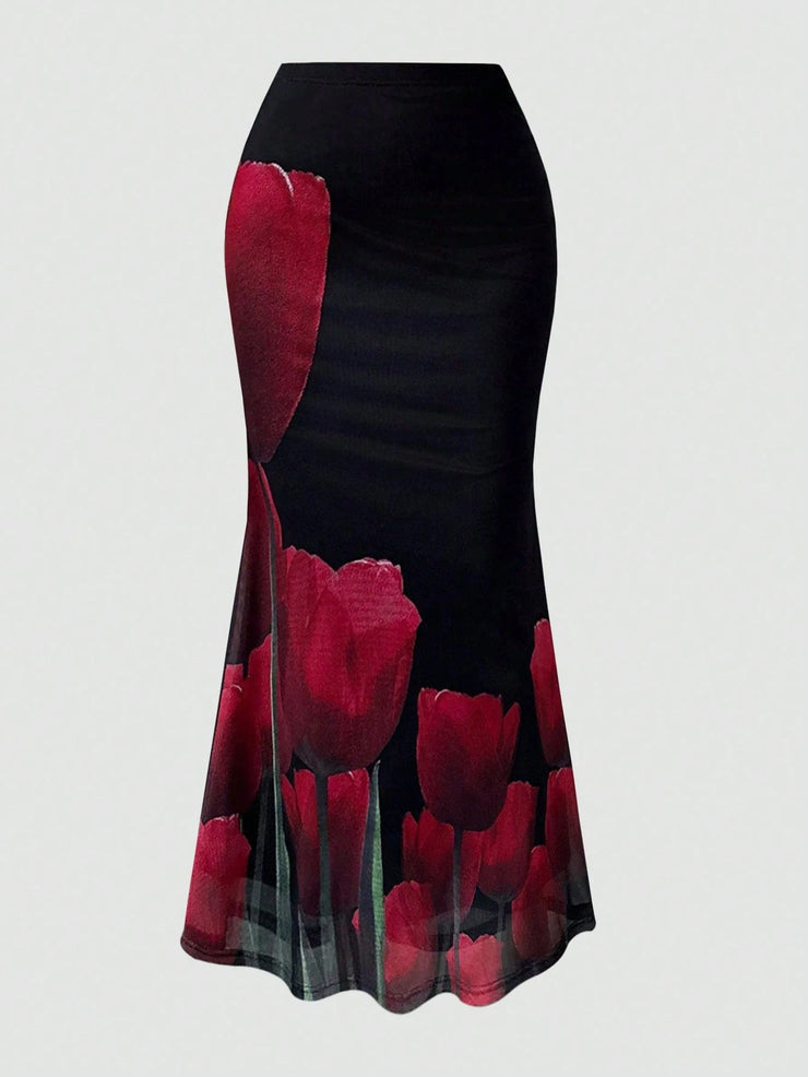 Elenzga Elegant Sexy Rose Print Wrap Faux-Wrap Skirt