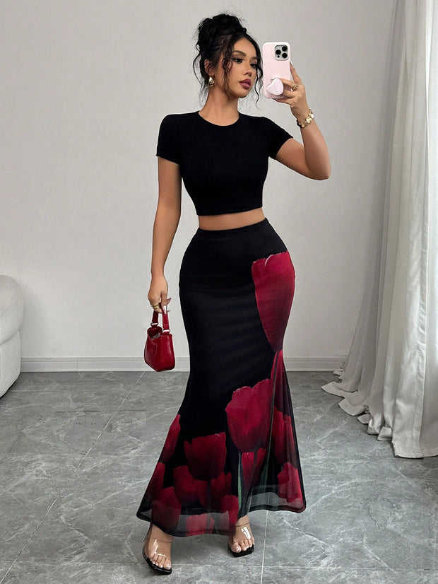Elenzga Elegant Sexy Rose Print Wrap Faux-Wrap Skirt