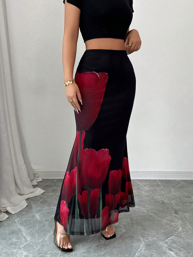 Elenzga Elegant Sexy Rose Print Wrap Faux-Wrap Skirt