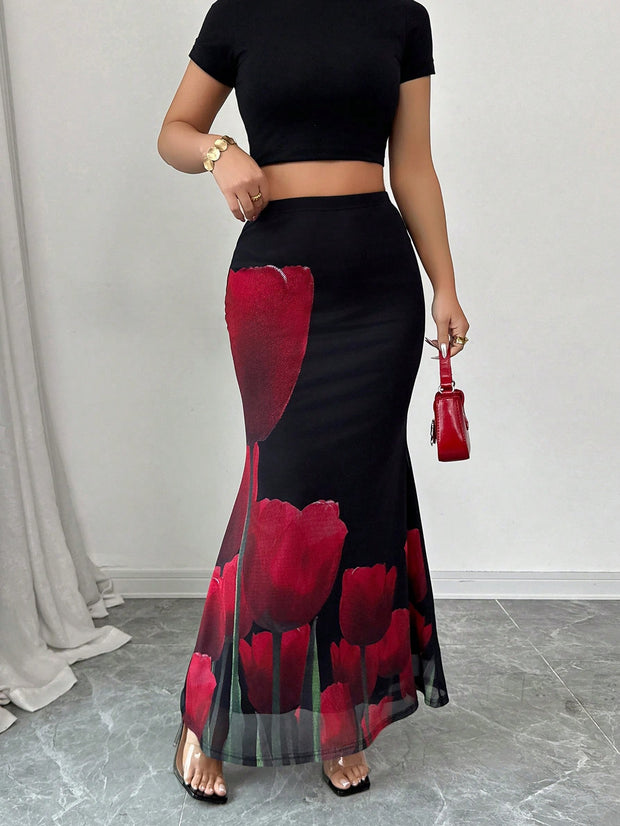 Elenzga Elegant Sexy Rose Print Wrap Faux-Wrap Skirt