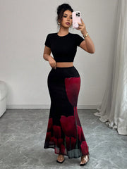 Elenzga Elegant Sexy Rose Print Wrap Faux-Wrap Skirt