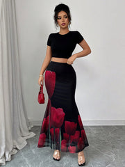 Elenzga Elegant Sexy Rose Print Wrap Faux-Wrap Skirt