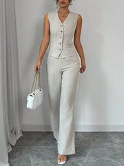 Elenzga Women Elegant Chic Commuter Casual Sleeveless V-Neck Gathered Waist Back Tie Vest & Straight Leg Pants Suit Set