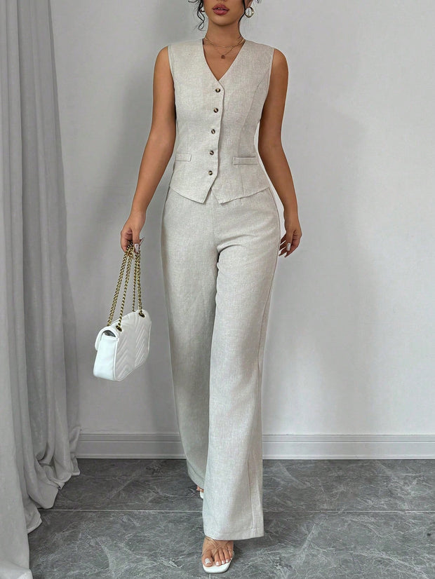 Elenzga Women Elegant Chic Commuter Casual Sleeveless V-Neck Gathered Waist Back Tie Vest & Straight Leg Pants Suit Set