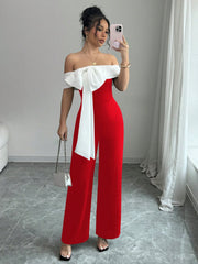 Elenzga Color Block Splicing Bowknot Off-Shoulder Elegant Romantic Women's Jumpsuit