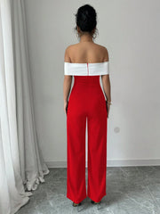 Elenzga Color Block Splicing Bowknot Off-Shoulder Elegant Romantic Women's Jumpsuit