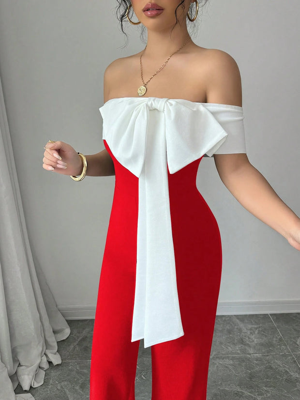 Elenzga Color Block Splicing Bowknot Off-Shoulder Elegant Romantic Women's Jumpsuit