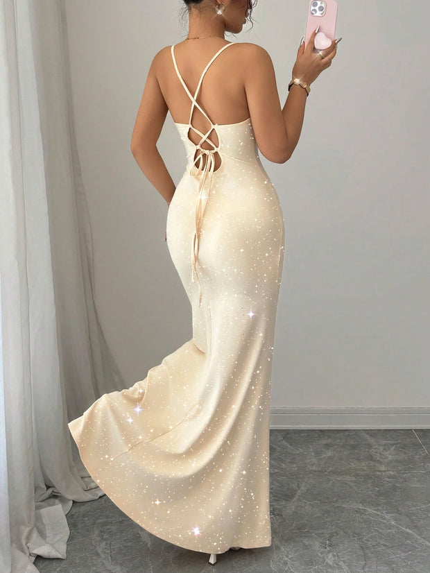 Elenzga Party Glitter Spaghetti Strap Tie-Up Design Women Dress
