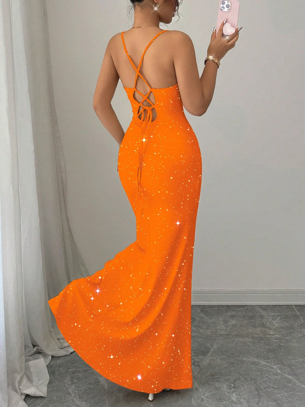 Elenzga Party Glitter Spaghetti Strap Tie-Up Design Women Dress