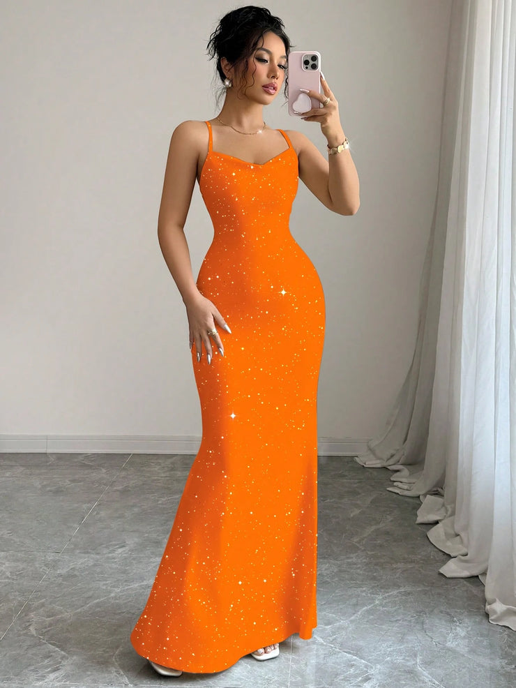 Elenzga Party Glitter Spaghetti Strap Tie-Up Design Women Dress