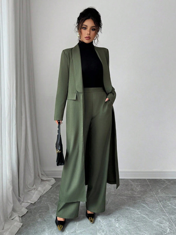 Elenzga Two Pieces Suit: Women's Elegant Lapel Long Sleeve Long Jacket And Straight Pants Two Pieces Suit