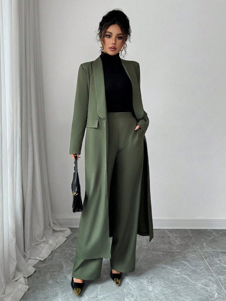 Elenzga Two Pieces Suit: Women's Elegant Lapel Long Sleeve Long Jacket And Straight Pants Two Pieces Suit