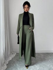 Elenzga Two Pieces Suit: Women's Elegant Lapel Long Sleeve Long Jacket And Straight Pants Two Pieces Suit