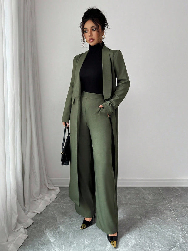 Elenzga Two Pieces Suit: Women's Elegant Lapel Long Sleeve Long Jacket And Straight Pants Two Pieces Suit