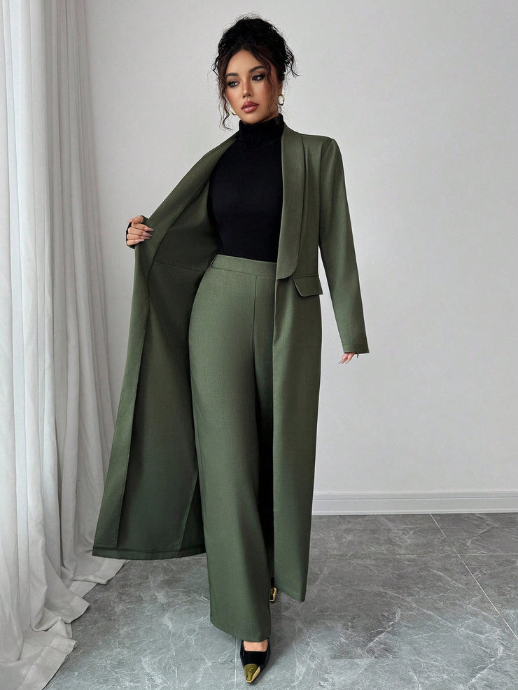 Elenzga Two Pieces Suit: Women's Elegant Lapel Long Sleeve Long Jacket And Straight Pants Two Pieces Suit