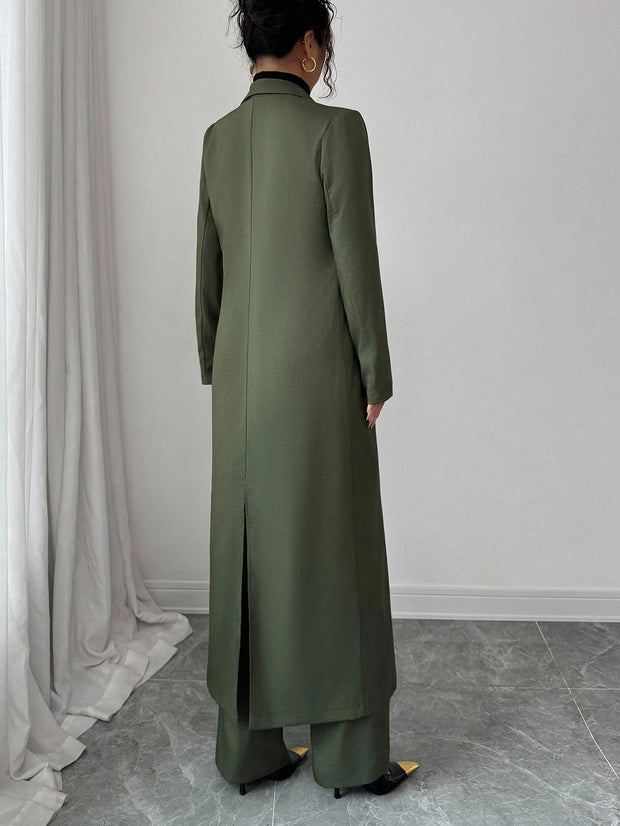 Elenzga Two Pieces Suit: Women's Elegant Lapel Long Sleeve Long Jacket And Straight Pants Two Pieces Suit