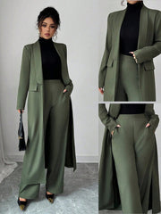 Elenzga Two Pieces Suit: Women's Elegant Lapel Long Sleeve Long Jacket And Straight Pants Two Pieces Suit
