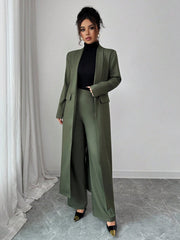 Elenzga Two Pieces Suit: Women's Elegant Lapel Long Sleeve Long Jacket And Straight Pants Two Pieces Suit
