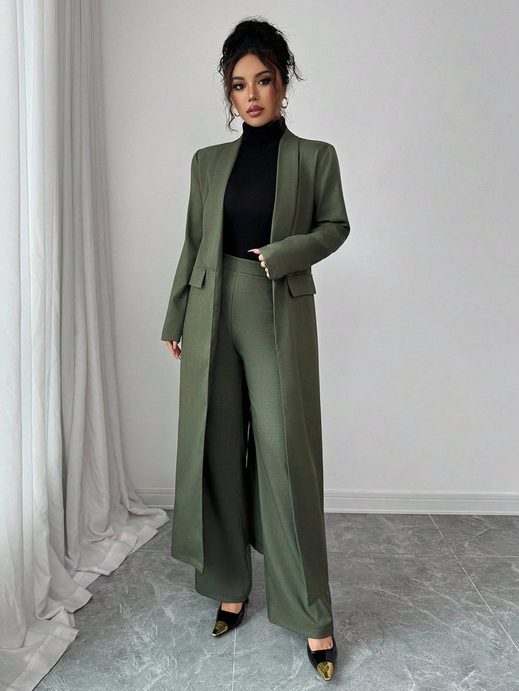 Elenzga Two Pieces Suit: Women's Elegant Lapel Long Sleeve Long Jacket And Straight Pants Two Pieces Suit