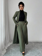 Elenzga Two Pieces Suit: Women's Elegant Lapel Long Sleeve Long Jacket And Straight Pants Two Pieces Suit