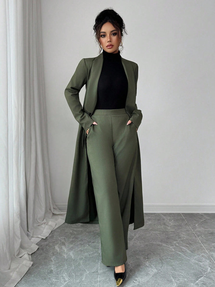 Elenzga Two Pieces Suit: Women's Elegant Lapel Long Sleeve Long Jacket And Straight Pants Two Pieces Suit