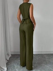 Elenzga Women Elegant Chic Commuter Casual Sleeveless V-Neck Gathered Waist Back Tie Vest & Straight Leg Pants Suit Set