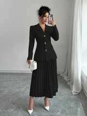 Elenzga 2pcs Set Women Solid Color Front Button Placket Long Sleeve Top And A-Line Skirt, Casual Suit