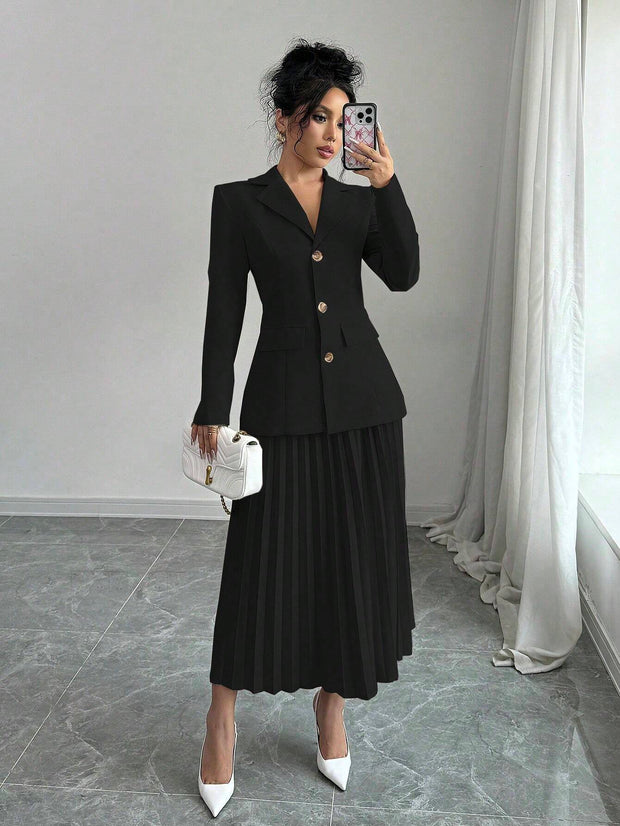 Elenzga 2pcs Set Women Solid Color Front Button Placket Long Sleeve Top And A-Line Skirt, Casual Suit