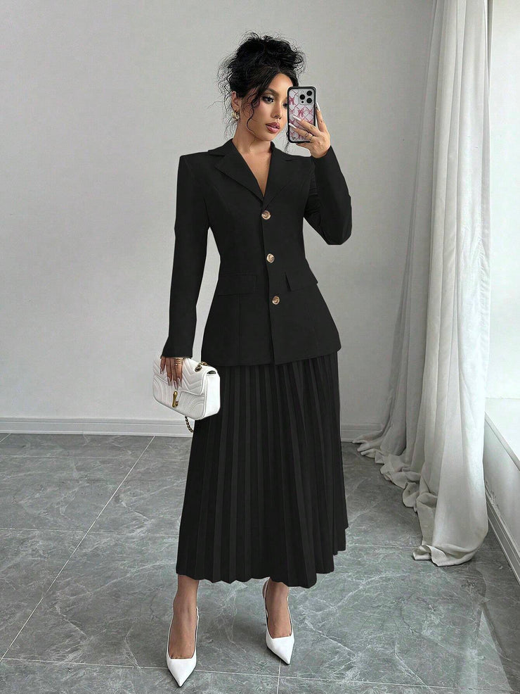 Elenzga 2pcs Set Women Solid Color Front Button Placket Long Sleeve Top And A-Line Skirt, Casual Suit