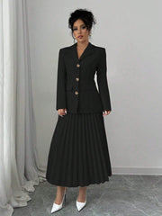 Elenzga 2pcs Set Women Solid Color Front Button Placket Long Sleeve Top And A-Line Skirt, Casual Suit