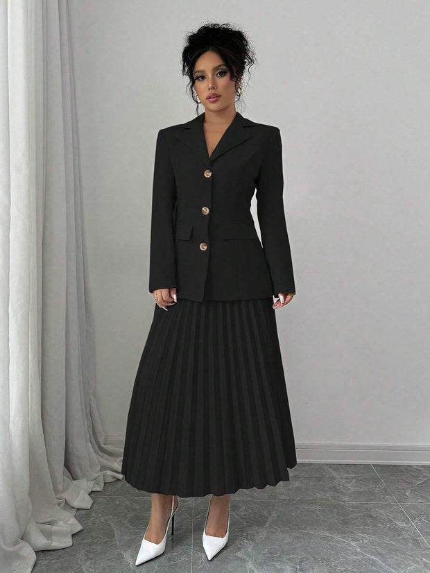 Elenzga 2pcs Set Women Solid Color Front Button Placket Long Sleeve Top And A-Line Skirt, Casual Suit