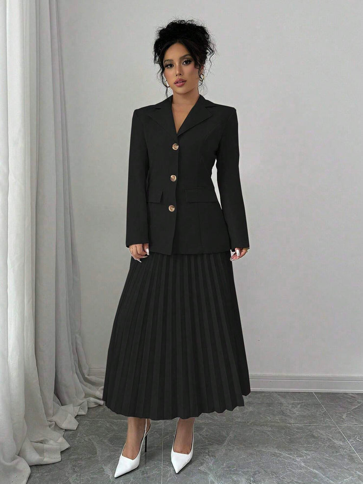 Elenzga 2pcs Set Women Solid Color Front Button Placket Long Sleeve Top And A-Line Skirt, Casual Suit