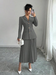 Elenzga 2pcs Set Women Solid Color Front Button Placket Long Sleeve Top And A-Line Skirt, Casual Suit