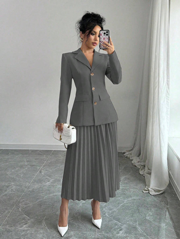 Elenzga 2pcs Set Women Solid Color Front Button Placket Long Sleeve Top And A-Line Skirt, Casual Suit