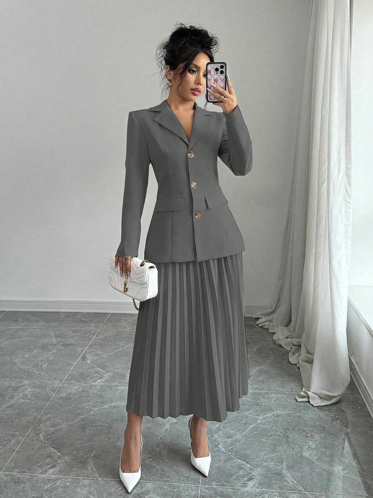 Elenzga 2pcs Set Women Solid Color Front Button Placket Long Sleeve Top And A-Line Skirt, Casual Suit