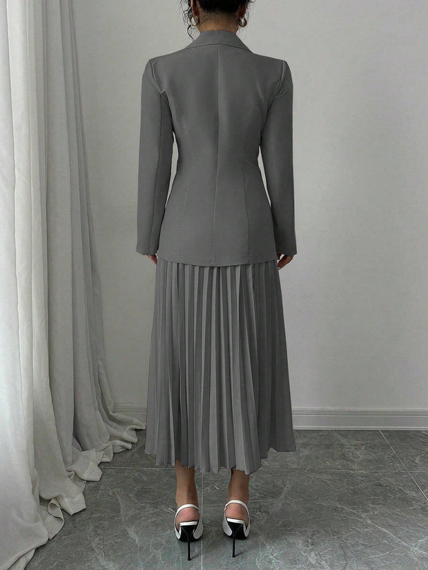 Elenzga 2pcs Set Women Solid Color Front Button Placket Long Sleeve Top And A-Line Skirt, Casual Suit