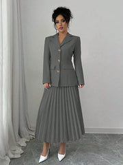 Elenzga 2pcs Set Women Solid Color Front Button Placket Long Sleeve Top And A-Line Skirt, Casual Suit