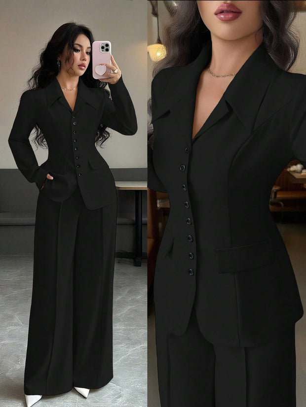 Elenzga Women's Burgundy Solid Color Thick Fabric V-Neck Blazer Design With Black Contrast Color Button Fake Pocket Teacher/Office Formal Elegant Outfit