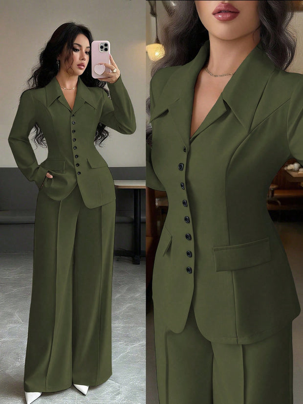Elenzga Women's Burgundy Solid Color Thick Fabric V-Neck Blazer Design With Black Contrast Color Button Fake Pocket Teacher/Office Formal Elegant Outfit